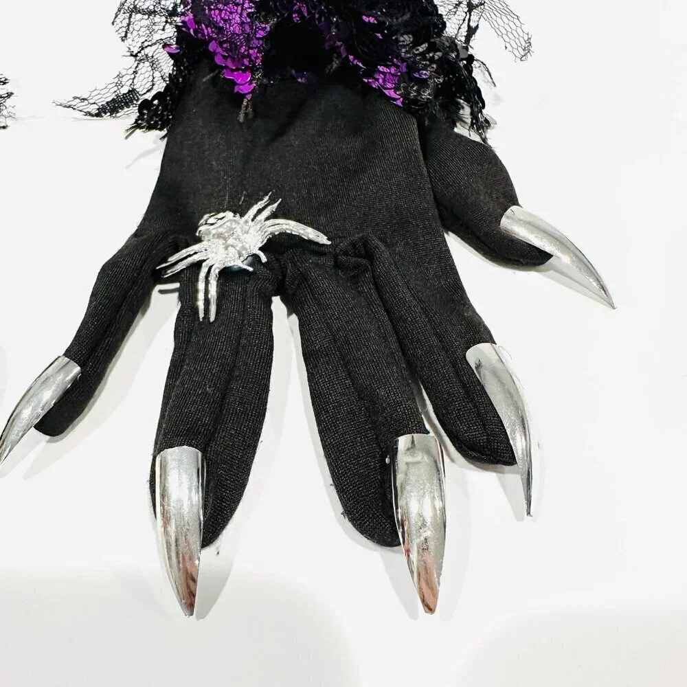 Witch Gloves Black w/ Chrome Nails, Spider Rings & Purple Sequins Costume - Picture 3 of 5